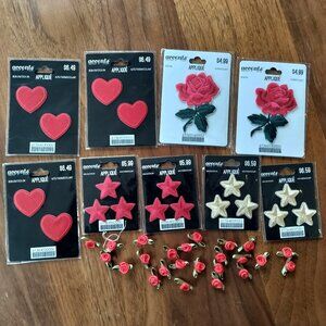 Bundle: Red and gold heart star and flower appliqués + mini satin roses
